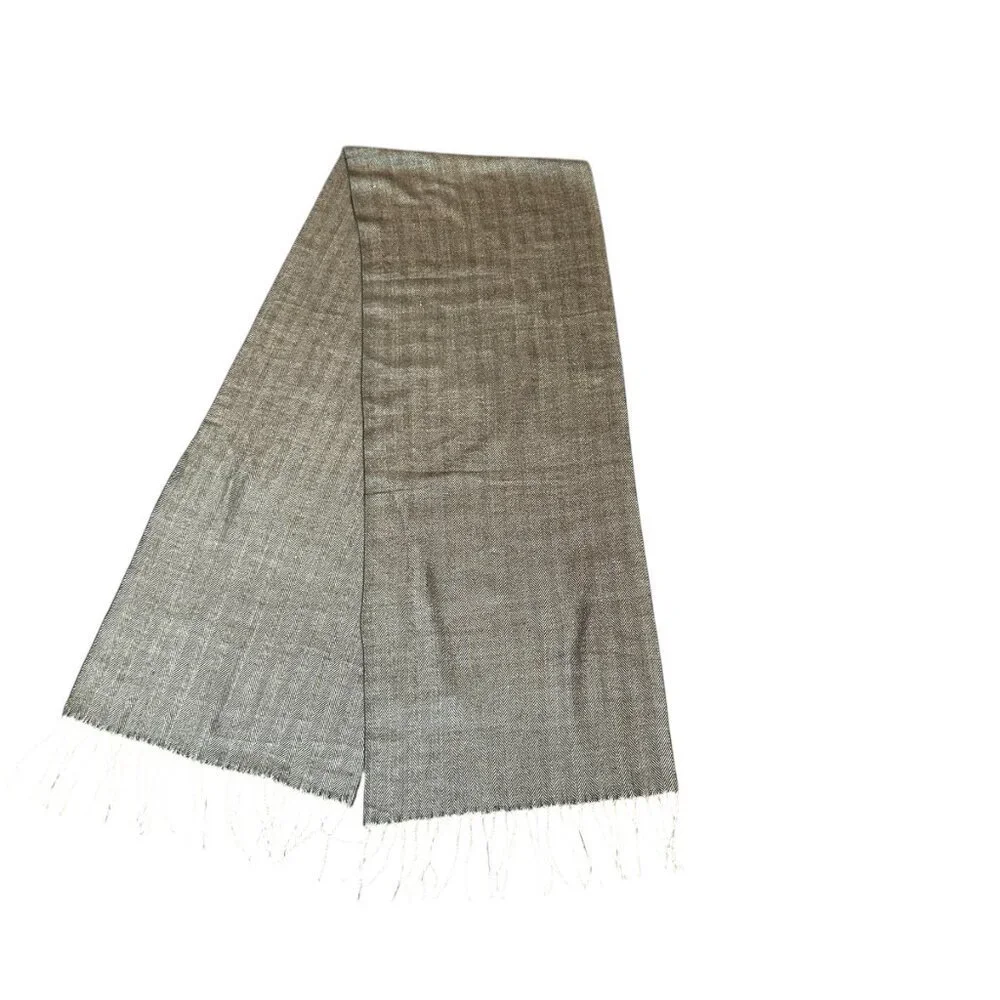 Italian Design Brown Herringbone Cashmere Blend Scarf with Fringe